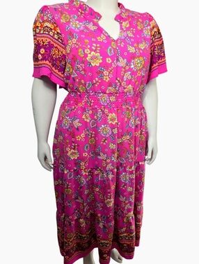 Haptics 3X Fuchsia Floral Maxi Dress Puff Sleeve Boho Fit Flare NWT